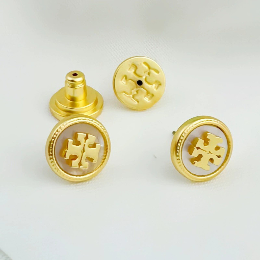 Tory Burch Trendy Shell Inlay Gold Plated Brass Round Stud Earrings